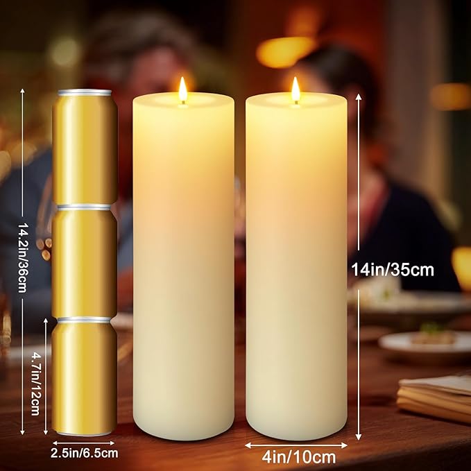 4 Pack 14" x 4" Large Outdoor Candles, Waterproof Flickering LED Flameless Candles with Timer, Battery Operated Candles with Remote Control Realistic Fake Pillar for Patio Porch Lanterns, Ivory