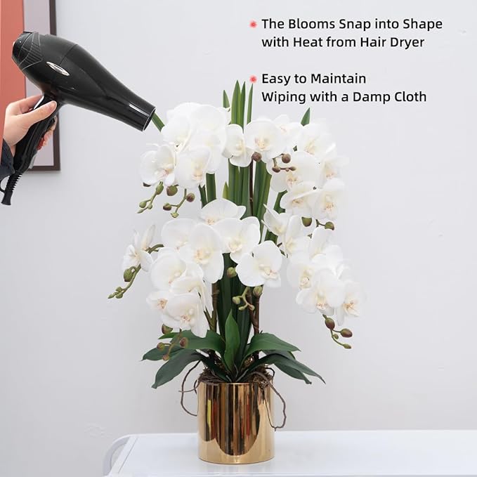 CXGS Artificial Orchid Flower Plants Real Touch Faux Orchids in Ceramic Vase 20.9'' White Phalaenopsis Orchid Fake Flower Arrangement Home Indoor Decor