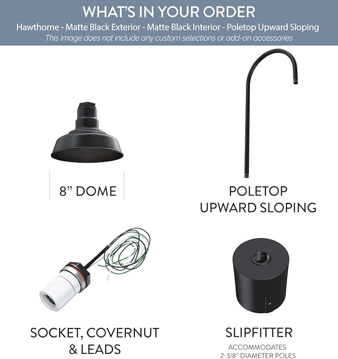 Steel Lighting Co. Hawthorne Light | Outdoor Pole Top Mounted | 8" Dome | Upslope Gooseneck with Slip Fitter for 2-3/8" Standard Poles | Made in America | Matte Black Exterior/Matte Black Interior