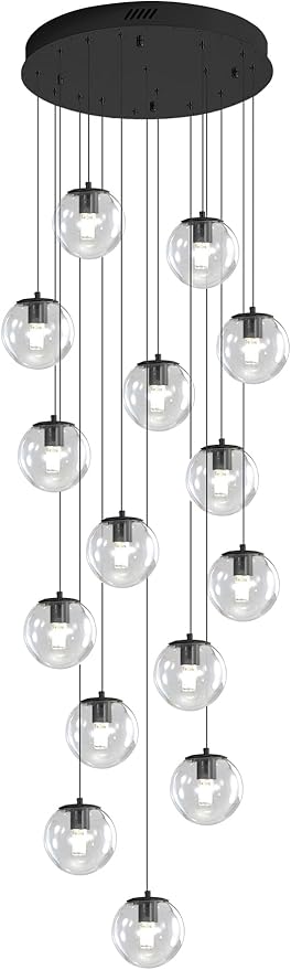 15-Light Black Chandelier with Globe Glass Dimmable Ceiling Light Glass Pendant Light for Kitchen Island, Dining Room, Living Room, Entry Hallway, LED Bulbs Included