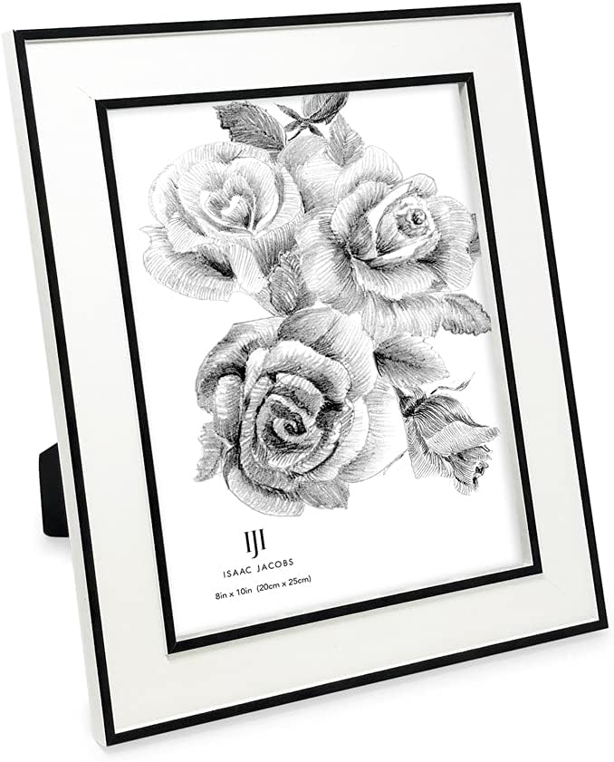 Isaac Jacobs 8x10 White w/Black (Vertical & Horizontal) Double Border Picture Frame w/Black Fabric Easel, Wall-Mountable, Made for Tabletop & Gallery, Home or Office (8x10, White W/Black)