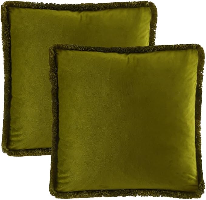 JUSPURBET Pack of 2 Olive Green Decorative Fringe Velvet Throw Pillow Covers 16x16 for Home Decor Living Room Bedroom Car Boho Soft Cushion Cover with Hidden Zipper Machine Washable