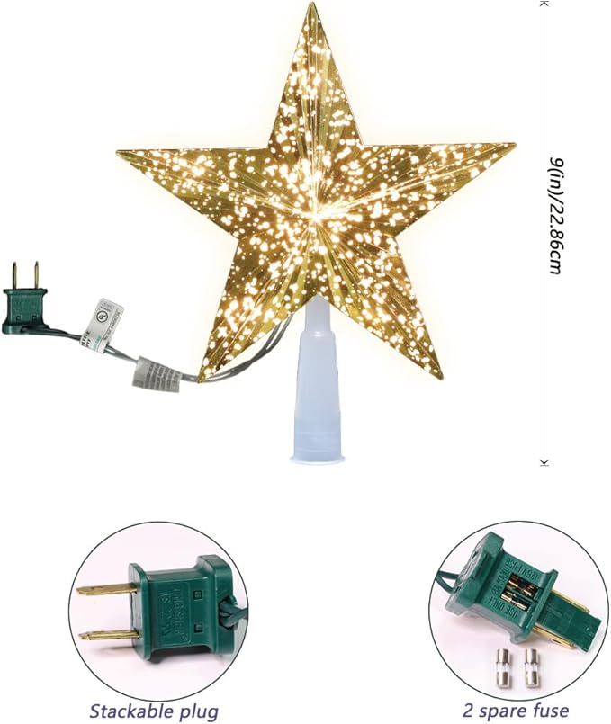 LAMPHOME 9" 10L Christmas Tree Topper,Star Tree Topper,5 Points Gold Glitter Star Tree Topper, Golden Chrome, Warm White
