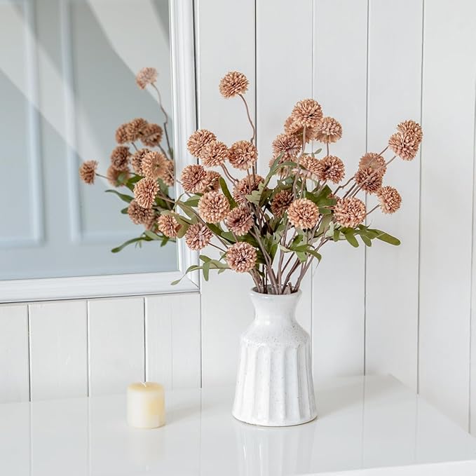Laelfe Artificial Kiku Flower - 5 Pcs Fake Pompon Mums Silk Small Chrysanthemum Faux Ball Fall Flower Stem Decor for Autumn Wedding Filler DIY Bouquet Centerpieces Arrangements Shower (Coffee)