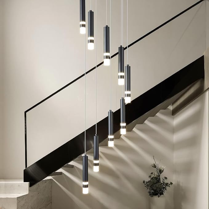 9-Light Modern Pendant Light Fixture Dimmable LED 54W Black Staircase Large Chandelier Lobby Living Room Bedroom Foyer High Ceiling Chandelier