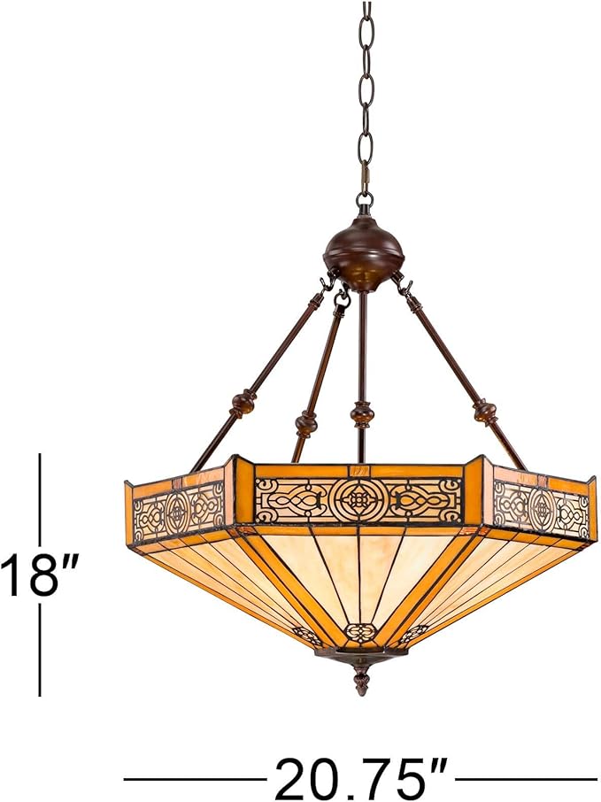 Robert Louis Tiffany Pendant Light Fixture - 3 Light, Art Glass Shade, Stratford Bronze Rustic Tiffany Pendant Light for Kitchen Islands, Living Rooms, and Dining Rooms - 20 3/4" Wide, 23" High