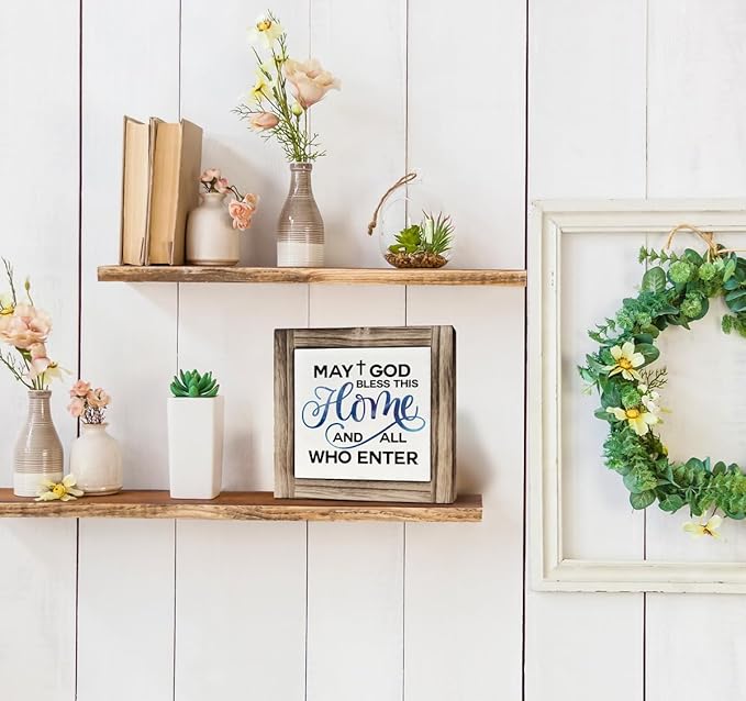 Christian Sign, Box Wood Plaques Desk Décor, Rustic Family Sign, Encouragement Christian Table and Home Decor, Farmhouse Decor for Shelf, May God Bless This Home and All Who Enter Sign