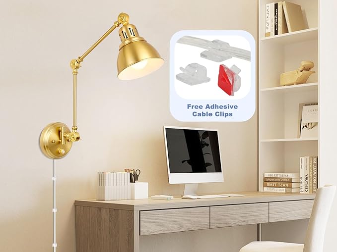 2 Pack Plug in Wall Sconces, Dimmable On Off Switch, Swing Arm Wall Lamps, Wall Sconces Set of Two, Gold Metal Industrial, Plug-in or Hardwired (Gold, Without Bulbs+Remote)