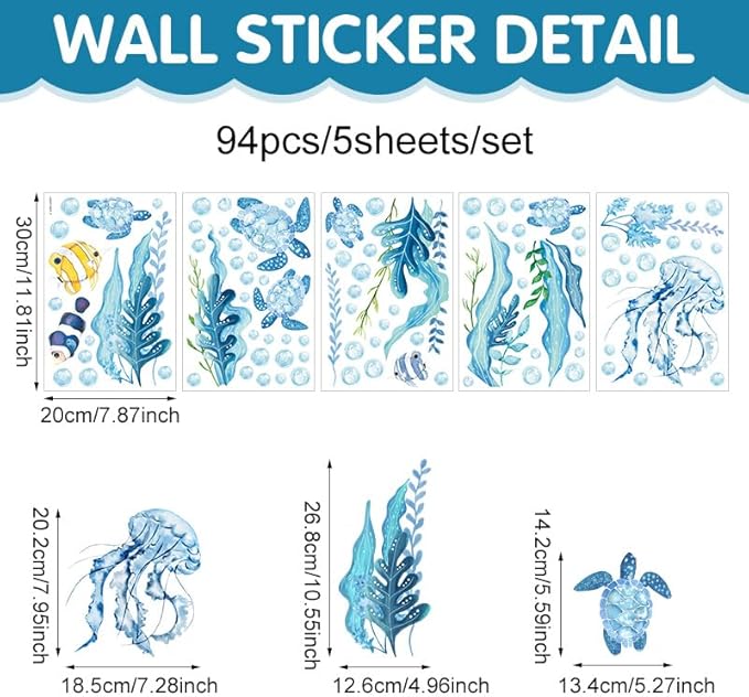 94 PCS of Marine Ecological Wall Decals,Under The Sea Bathroom Decor Wall Decals,Sea Turtles,Jellyfish,Clownfish, and Aquatic Plants Create an Underwater World Atmosphere,for Children's Rooms