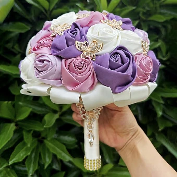 Handmade Floral Satin Rose Butterfly Shape Rhinestone Bridal Bouquet Luxury Golden Rhinestone Artificial Flowers for Wedding