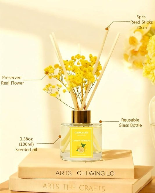 Reed Diffuser Set-Lemon Verbena Scent Fragrance Oil Diffuser with 6 Reed Sticks | Home & Bedroom Bathroom Decor,3.38 fl oz (100ml) (Lemon Verbena)