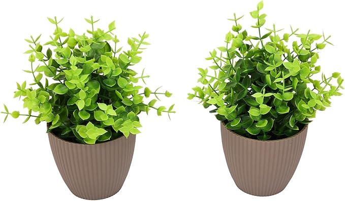 VENTO 2 Pack Eucalyptus Fake Medium Plants, Realistic Artificial Greenery for Home, Office, Bathroom, Coffee Table Decor, UV Resistant, Lifelike Leaves, Low Maintenance, 10x20x10 cm Brown Pot
