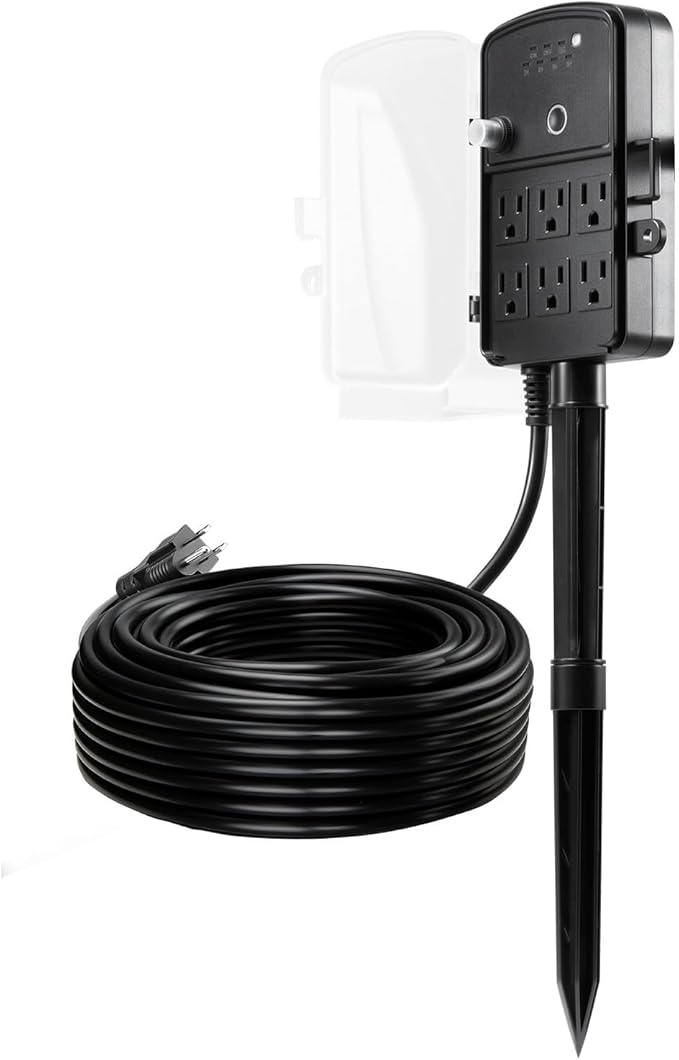 VEVOR Outdoor Power Stake Timer, 100FT Extension Cord, Remote Control Outdoor Power Strip with Cover, Dusk to Dawn Light Timer Waterproof, 6 Outlets for Halloween Christmas Lights, Garden Decorations