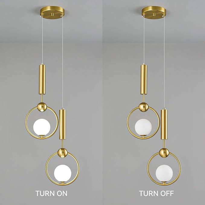 Modern Globe Glass Pendant Light fixtures 2-Light, Simplicity Gold Pendant Lighting, Mid Century Chandelier for Kitchen Island Dining Room Bedroom Entryway Hallway