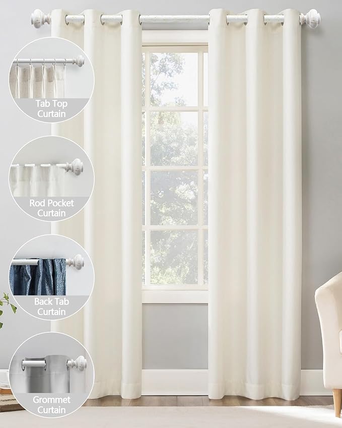 White Curtain Rods for Windows 32 to 45 Inch, Adjustable Boho Wood Curtain Rod Decorative Drapery Rods 1 Inch Heavy Duty Windows Rod for Farmhouse Kitchen Bedroom Living Room