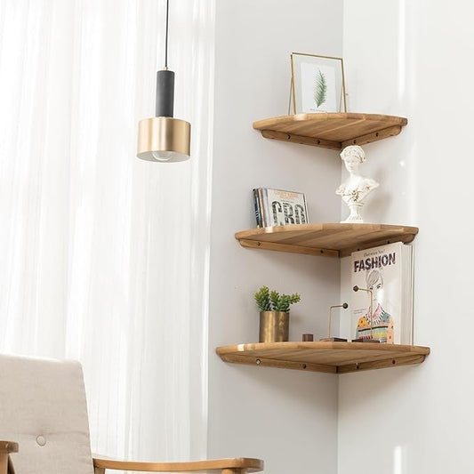 Corner Shelf, Solid Oak Wood Floating Corner Shelf Wall Mount Round End Floating Speaker Shelves with Wire Hole for Small Plant Photo Frame for Bedroom Kitchen, Living Room (Oak, 7.1in)