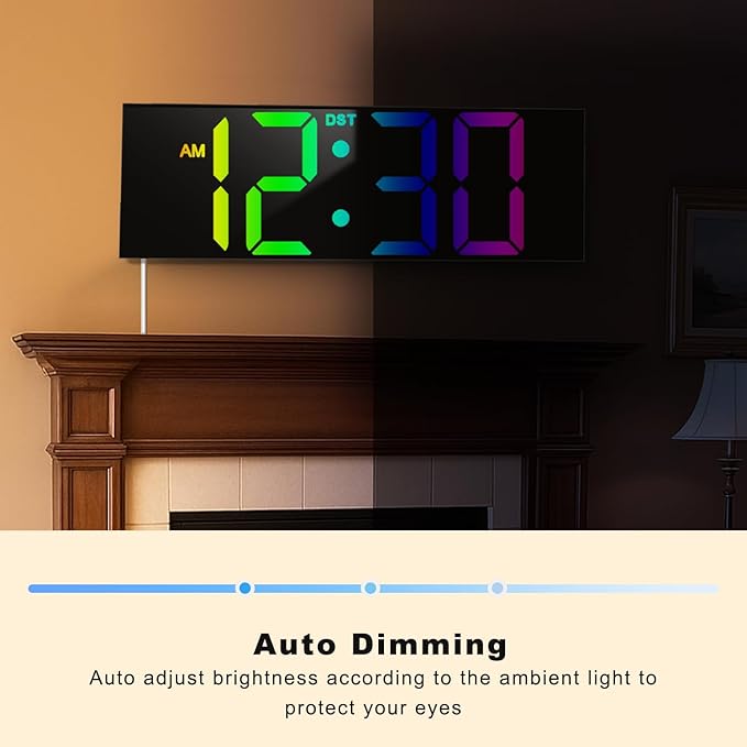 TrophyRak 12'' Large Digital Wall Clock, with Big LED Dispaly, RGB Colors, Dimmer, DST, Night Light for Classroom Livingroom Bedroom Wall Mounted, Birthday Xmas Gift for Senior, Men Womem, Black, RGB