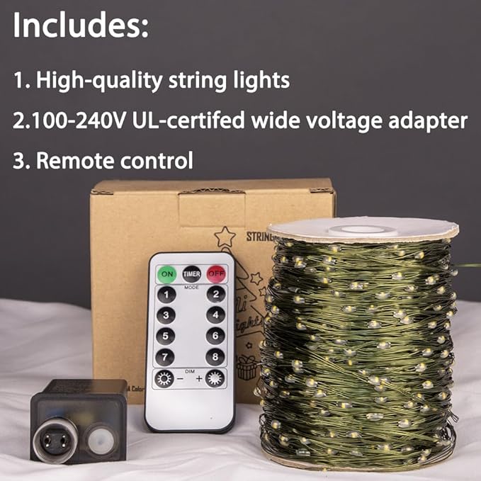 164FT Green Wire Fairy Lights Plug-in, 500 LED Dimmable Waterproof String Lights with Remote - 8 Modes Warm White for Christmas Tree, Yard, Holiday Party Decorations