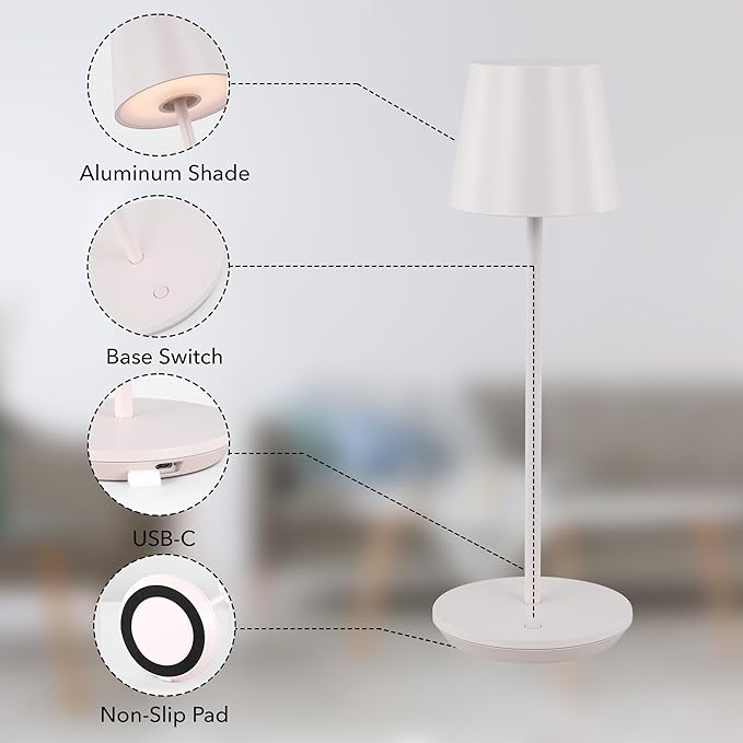 Generation Lighting Mena Accent Rechargeable Table Lamp – 14.5” Pale Pink Steel Lamp with 3-Way Base Switch, 2.4W Up/Down LED at 2700K, 260 Lumens, USB-C, Wet Rated (8000701-137)