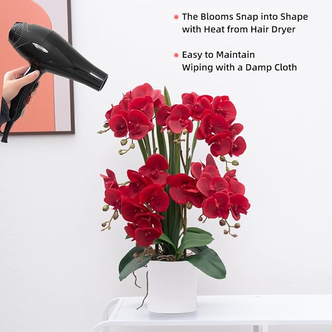 CXGS Artificial Orchid Flower Plants Real Touch Faux Orchids in Ceramic Vase 20.9'' Red Phalaenopsis Orchid Fake Flower Arrangement Home Indoor Decor