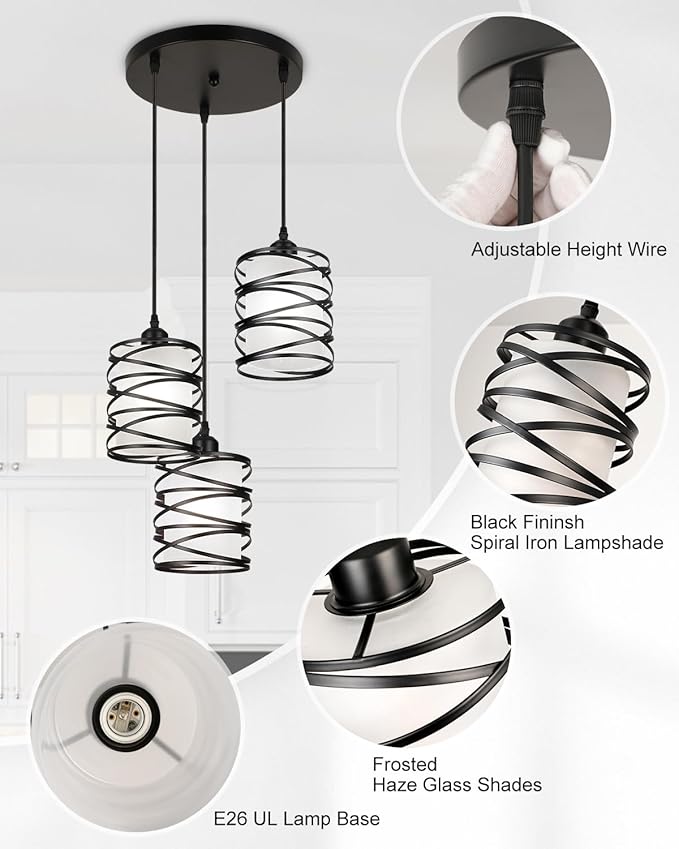 Black Pendant Lights for Kitchen Island 3-Light Pendant Light Fixtures with Frosted Glass Shades, Spiral Iron Kitchen Island Lighting Adjustable Pendant Lighting for Dining Room, Kitchen