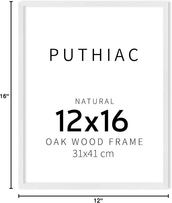 puthiac 12x16 White Oak Wood Picture Frame - Minimalist 12x16 Poster Frame, 12"x16" Picture Frame Wood, Natural Solid Wooden Picture Frames for Wall Art Photo and Prints (1 Pack, White)