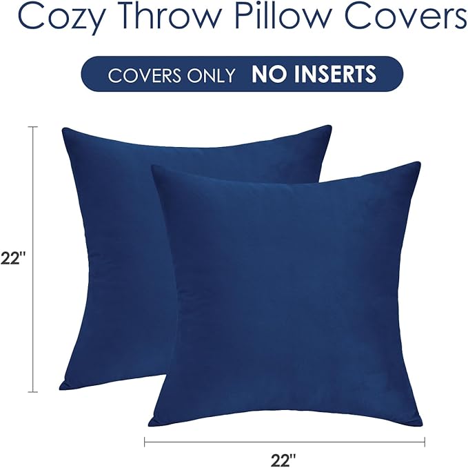 Throw Pillow Covers Decorative Velvet Set of 2 22x22 Inch Pillow Covers, Soft Navy Blue Large Pillowcases for Couch Sofa Bed Living Room, Farmhouse Home Boho Decor, Accent Cushion Covers