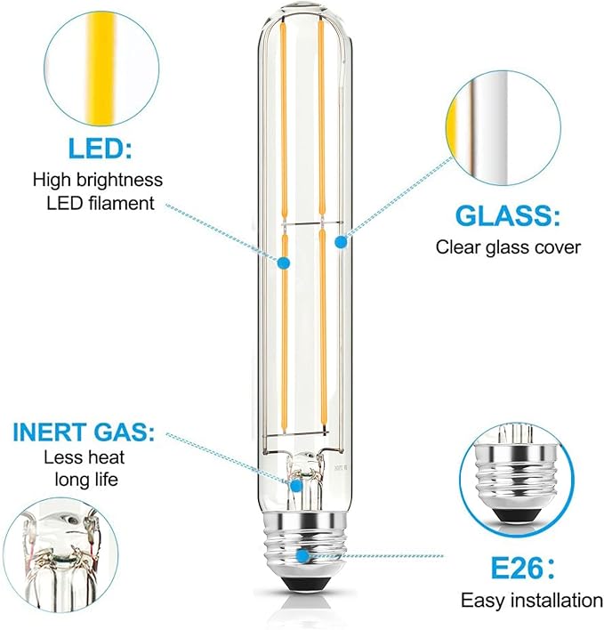 7.3 Inch E26 Led Bulb 6W Dimmable, 5000K Daylight Edison Bulbs 800LM, Equal 80 Watt Tubular T10 T9 Long Clear Glass Light Bulb for Rustic Pendant Industrial Pipe Wall Sconces - 4Pack