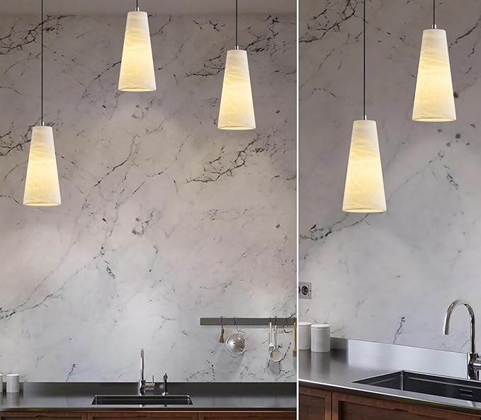 Alabaster Pendant Lights Kitchen Island,White Pendant Light Set of 2, Marble Shade Black Cone Lighting Fixtures for Bedroom Bathroom Dining Room Living Room H-10in (Bulbs INCL)