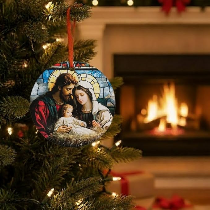 Holy Family Nativity Stained-Glass Style Acrylic Ornament - Traditional Catholic & Christian Christmas Decor, Religious Decorative Hanging Ornaments for Tree