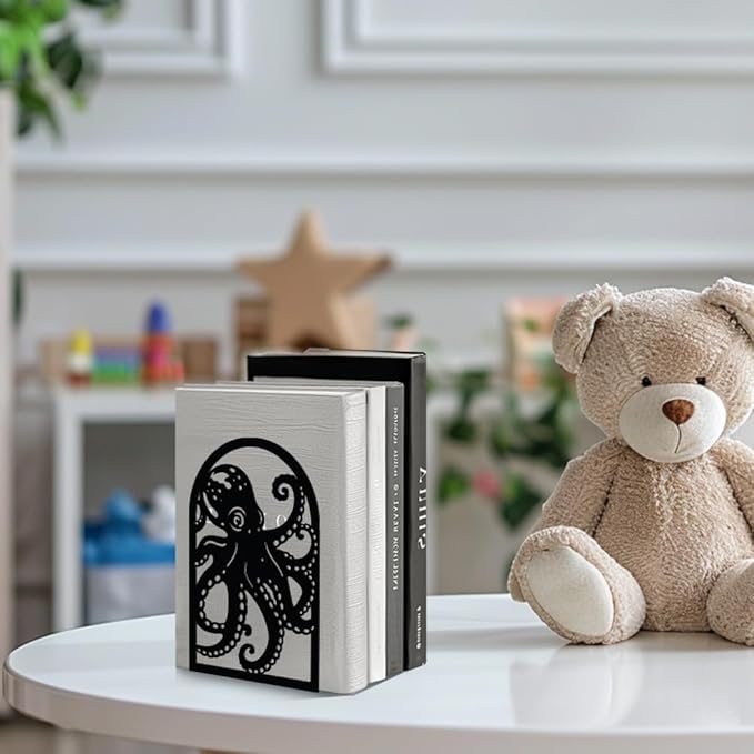 Peacoblue Metal Bookends for Shelves, Modern Decorative Heavy Duty Study Book Support Stoppers for Office, Desk, Shelf, Room 5.3"x4.3"x7.9" Cast Iron Simple Tall Bookends, 1 Pair (Octopus)