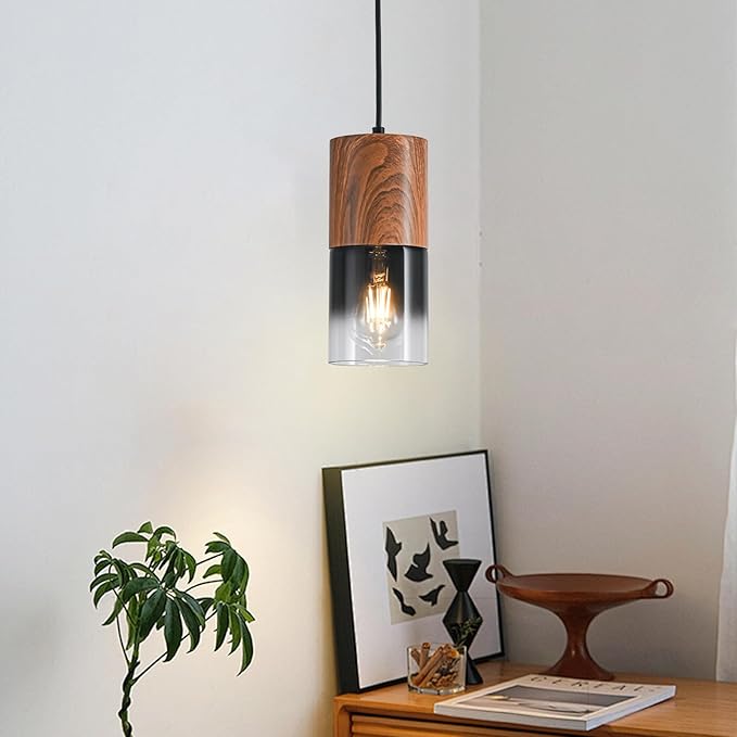 Modern Pendant Lights for Kitchen Island, Adjustable Black Pendant Light Fixtures with Brown Wood Grain, Industrial Glass Pendant Lights for Dining Table Hallway Bedroom Living Room,1 Pack