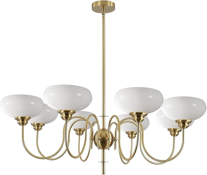BOKT French Chandelier 8-Lights Large Dining Room Gold Chandelier with Milk White Bowl Glass Lampshade Modern Living Room Adjustable Rod Semi Flush Ceiling Sputnik Chandelier Light Fixtures