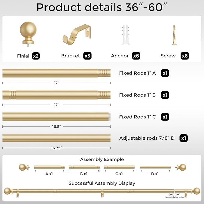 Gold Curtain Rod, 1 Inch Adjustable Heavy Duty Curtain Rods for Windows 30 to 56 Inch, Decorative Modern Window Treatment Rods, Telescopic Splicing Metal Drapery Pole, Easy Installation