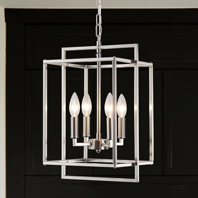 Nickel Chandelier Dining Room Light Fixture Lantern Chandeliers Iron Farmhouse Pendant Light Rustic Rectangle Adjustable Height Modern Kitchen Light for Living Room Entryway