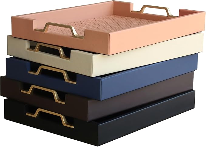 HofferRuffer Faux Leather Rectangle Serving Tray Decor Platter with Gold Metal Handles for Coffee Table, Breakfast, Tea, Food, Countertop, Kitchen, Butler Tray, 16.2 x 12.2 x 2 inches (Navy Blue)