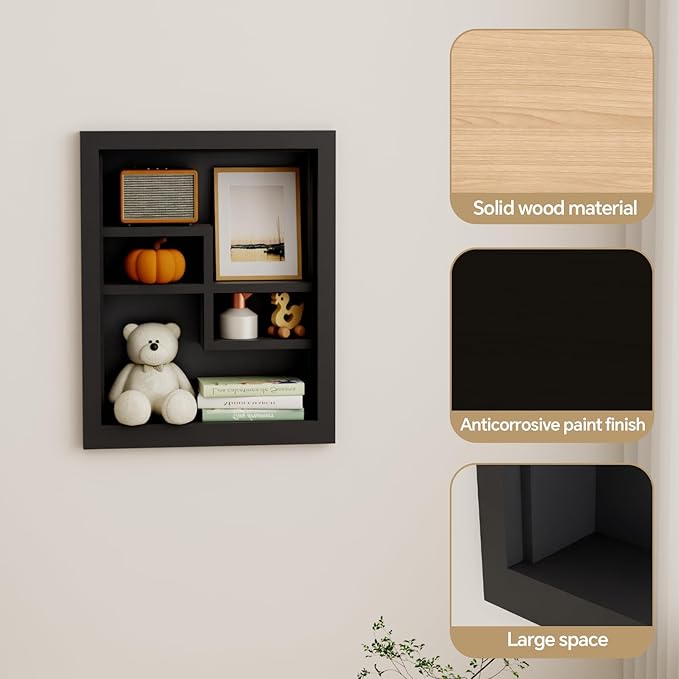 Solid Wood 14 X 18 Recessed Medicine Cabinet,2-Tier, Medicine Cabinet Organizer,Wall Niche, Bathroom Wall Cabinet, Recessed Bathroom Cabinet, Bathroom Cabinet with Storage Black