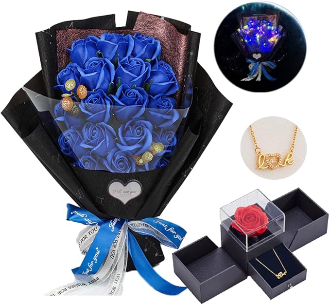 EIGHTOWN Roses Bouquet Artificial Flower - Preserved Blue Rose Flowers with Love Necklace for Her - Unique Gifts Valentine's Day, Mother's Day, Thanksgiving, Birthday, Anniversary