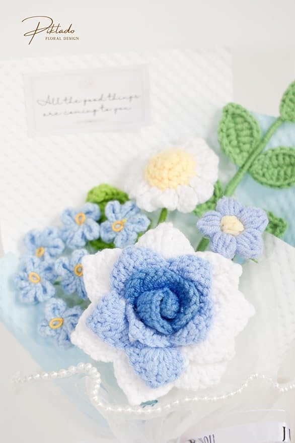 Hand-Woven Flower Bouquet Finished(1pcs) for Valentine's Day Girlfriend Birthday Gift Wedding Decoration Crochet Artificial Flower, Bouquet Gift (Blue)