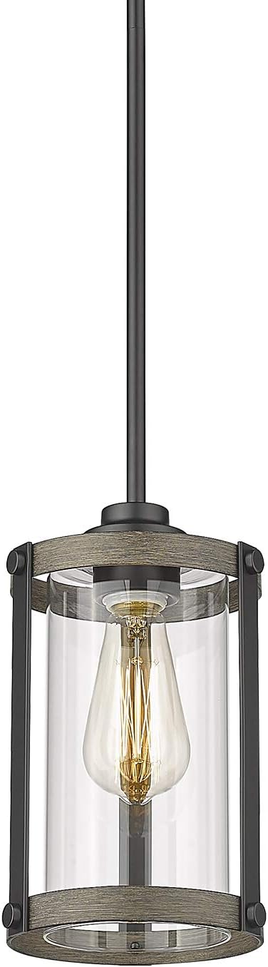 Farmhouse Pendant Light Fixtures, 1-Light Black Glass Pendant Lights for Kitchen Island, Industrial Rustic Mini Hanging Lighting with Rod, Wood Finish, Adjustable Length, OS-3014