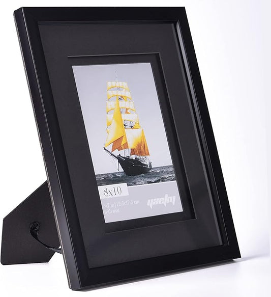 Yaetm 8x10 Double Floating Mat Picture Frame Set of 4, Display Picture 5x7 with black Double Mat, Polished High Definition Real Glass, Tabletop & Wall Mounting Photo Frames, Black