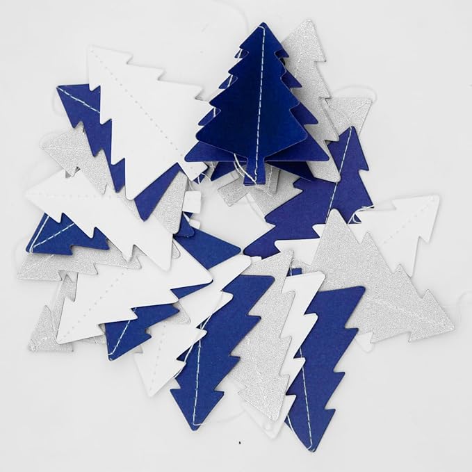 Navy-Blue White Silver Christmas Decorations - 2Pcs 3D Christmas Tree Paper Streamers Party Banner Garland Hanging Decor HongTongTong