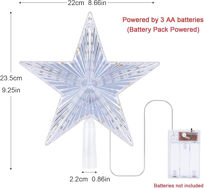Christmas Tree Topper Star Warm White Light Christmas Tree Decor for Christmas Holiday Home Fit for General Size Xmas Tree, 8.7 Inch