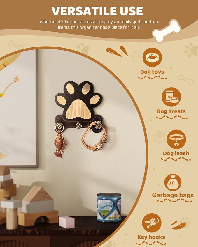 MTERSE Pine Wood Dog Leash Holder for Wall – Adorable Dog Leash Hanger, Key Holder, Coat Rack, and Sunglass Organizer – Rustic Farmhouse Wall Decor for Entryway, Bedroom, or Living Room (Dark Brown)
