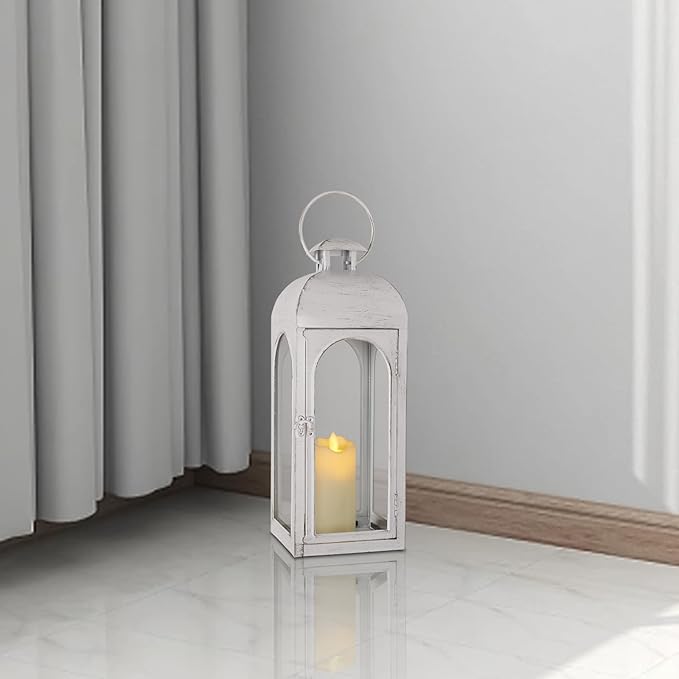 Decorative Candle Lantern 16Inches Outdoor Metal Lantern Hanging Candle Lantern for Indoor Outdoor Home Decor Patio Christmas Decorations, Greyish White