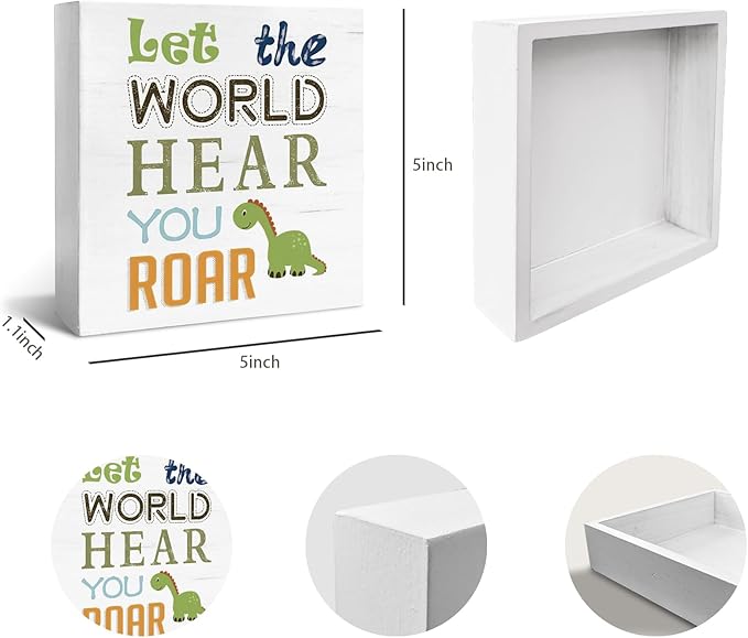 JXREQ Kids Room Decor, Funny Dinosaur Inspirational Quote Wood Box Sign, Rustic Dinosaur Desk Decor for Boys Girls Kids Bedroom Nursery Playroom Decor, 5x5 Inch