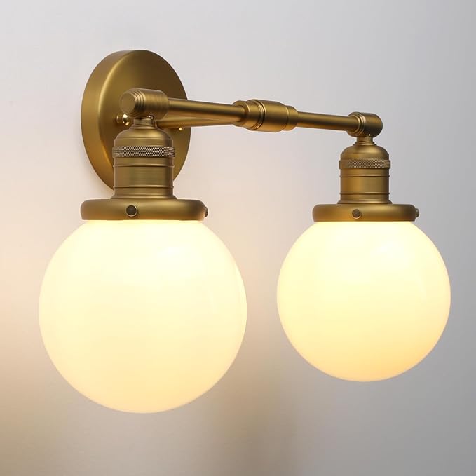 Pathson Milk White 2-Light Wall Sconces, Hardwired Bathroom Sconces for Mirror, Globe Glass Wall Vanity Lights Vintage Wall Sconce Lamp for Living Room Bedroom Farmhouse Lighting