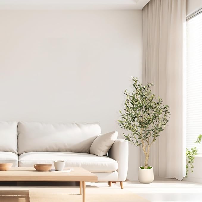 Realead Faux Olive Tree 4ft - Realistic Indoor Olive Tree Plants - Fake Olive Tree with Thick Trunk and Lifelike Fruits - Artificial Olive Trees for Modern Home Office Decor Indoor