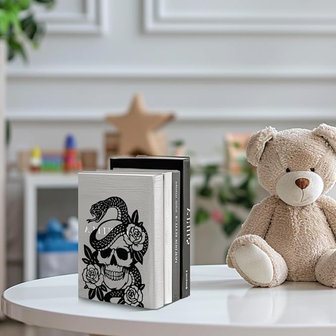 Peacoblue Metal Bookends for Shelves, Modern Decorative Heavy Duty Study Book Support Stoppers for Office, Desk, Shelf, Room 5.3"x4.3"x6.7" Cast Iron Simple Tall Bookends, 1 Pair (Skulls and Snakes)