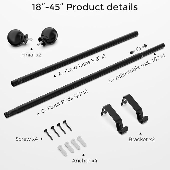 Curtain Rod for Windows 18-45 Inch, Black 5/8 Inch Small Window Treatment Rods, Short Adjustable Splicing Drapery pole, Matte Black